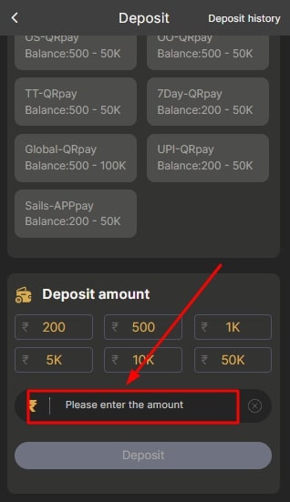 Enter deposit amount